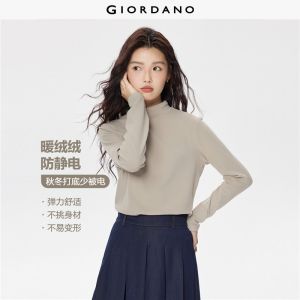 GIORDANO Women T-Shirts Double-Faced Fleece Soft Warm Tee Mock Neck Long Sleeve Solid Color Fashion Casual Tshirts 05325822