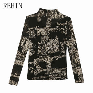 Rehin Áo Thun Tay áo dài lưới cổ cao thanh lịch-in đồ họa ôm vừa thu đông nữ