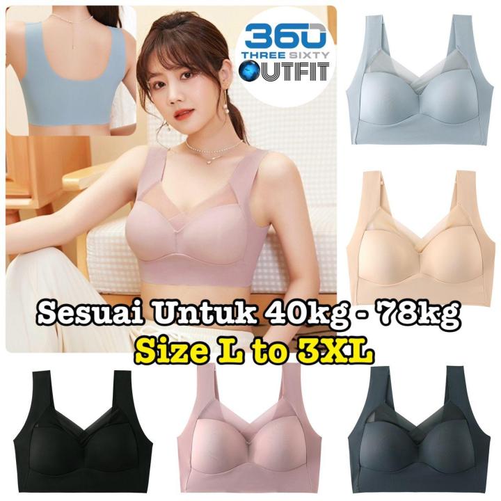 360 Outfit Women Seamless Bra 40kg to 78kg L to 3XL Plus Size Comfort Breathable Push Up Bra Wireless Mesh Lace Baju Dalam Wanita Underwear Cotton Plain