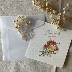 Thank you card การ์ดอวยพร เทศกาลต่างๆ กระดาษปอนด์ ตราประทับครั่งดอกยิปโซขาว พร้อมซองกระดาษไข