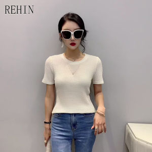 REHIN Womens top new Summer fashion solid colour round neck cotton short-sleeved T-shirt slim fit All-match bottom shirt