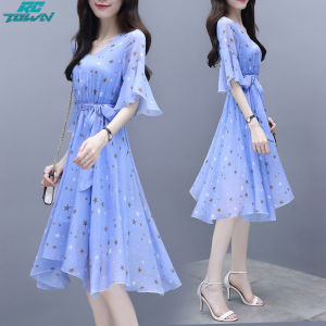 Summer Slim V-neck Ribbon Dress Elegant Star Flare Sleeves Middle Long Printing Dress