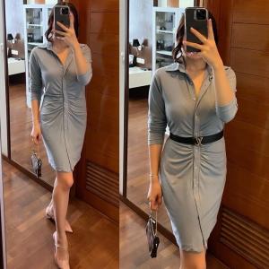 DRESS KNIT SUMMER STYLE LONG SLEEVE PAKAIAN WANITA  KNIT BAJU KERUT DEPAN DRESS HANG OUT KEREN