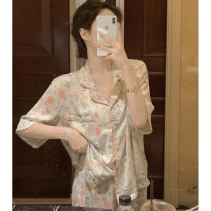 Bộ Đồ Ngủ Ngắn Tay Bằng Lụa Họa Tiết Hoa Thời Trang Mùa Hè Cho Nữ