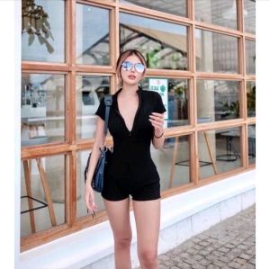 Đồ bơi kín đáo bikini kín đáo khóa kéo màu trơn đen đi bơi siêu đẹp BIKINI SG