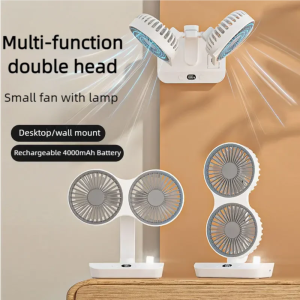 GAOSU 4-Gears WIND พัดลมตั้งโต๊ะสองหัว ระบายความร้อนได้อย่างรวดเร็ว จอแสดงผลแบบดิจิตอล พัดลมหัวสั่น อุปกรณ์สำหรับฤดูร้อน เสียงรบกวนต่ำ พัดลมพกพาไฟกลางคืน ของใช้ในครัวเรือน