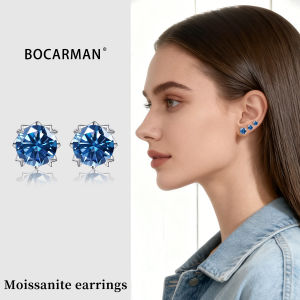 BOCARMAN S925 silver Platinum plating inset Blue GRA Moissanite screw earrings mens and womens stylish elegant simple style