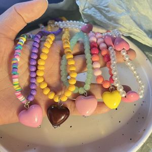 YOCKY Creative National Style Clavicle Chain Sweater Chain Girls Gift Alloy Korean Necklace Rainbow Color Necklace Love Heart Pendant Women Jewelry Accessories