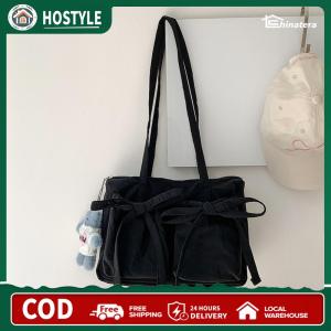Women Fashion Shoulder Purse with Bow Simple Shopping Bag Zipper Closure Nylon Purse Girls Outdoor Daily Bag