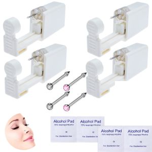 4-Pack Self Piercing Kit with Built-in Nose Studs Very Safe Piercing Simple and Convenient Operation Ideal for Family Use (White + Pink)