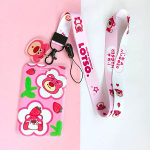 【𝗥𝗲𝗮𝗱𝘆 𝗦𝘁𝗼𝗰𝗸】Strawberry Bear Card Holder Long Lanyard with Pendant Cartoon Lotso Student Campus Card Set Bus Girl Meal