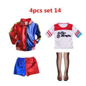 Children Harley Quinn Costume For Kids Girls Cosplay Embroid Suicide Squad Joker Jacket T-shirt Shorts 4Pcs Set