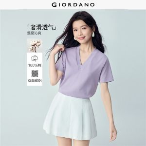 GIORDANO Women T-Shirts 100% Cotton Basic Tee V-Neck Short Sleeve Fashionable Casual Simple T-Shirts 13326270