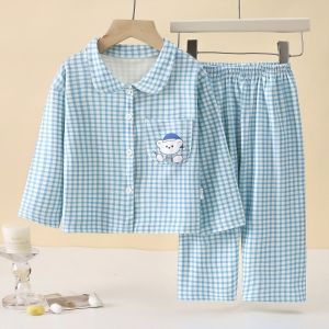 CLARO Long Sleeve Kids Pajamas Suits Two-Piece Set Plaid Printed Childrens Sleepwear Breathable Pajamas Top Bottom Kids Homewear Home