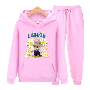Setelan Sweater Hoodie Anak-Anak Labubu Flowers The Monster Usia 4-13 Tahun Gratis Gantungan kunci