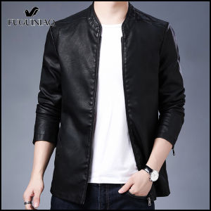 Fuguiniao Mens Leather Jacket Stand Collar Motorcycle Leather Casual Jackets Fashion Male Coat