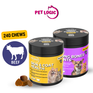 Pet Logic Skin & Coat Health + Strong Bones & Joints Dog & Cat Treats Supplement Snack : Dog Probiotics Dog Multivitamins Dog Supplements Appetite Booster for Dogs  Puppy Food   Adult Dog Food  for Silky Fur & Jolly Joints .