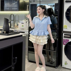 Set công sở nữ set đồ mặc hè áo sơ mi Đũi chấm bi croptop phối chân váy Mango tầng ngắn cao cấp