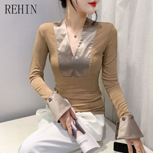 REHIN Autumn and winter new fashion V-neck spliced mesh long-sleeved T-shirt top elegant slim fit blouse for women