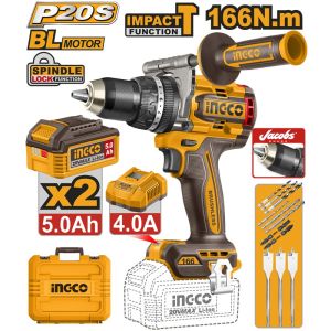 INGCO 20V BL HEAVY DUTY IMPACT DRILL 166NM 2X5 AH + BITS & CASE CIDLI201668
