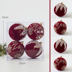 XYAX 4pcs Sequined Wine Red Flocking Christmas Balls 6/8cm Various Style Combinations Christmas Tree Decoration Romantic Sparkling Christmas Tree Ornament Balls 2024 New Year