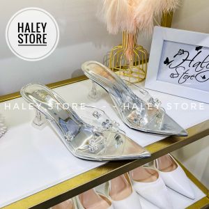 Giày bít bạc đá HALEY STORE cao gót 7cm bít mũi nhọn quai trong suốt đính đá gót ly trụ tiểu thư công chúa đi tiệc