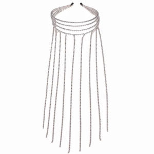 Silver Diamond Chain Headdress Sparkling Crystal Hairband with Long Tassels Bridal Party Headpiece