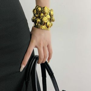 NOVELLEO Armlet Exaggerated Flower Bangle Geometric Wide Open Womens Wrist Jewelry Handicraft Golden Metal Flower Bracelet Girls