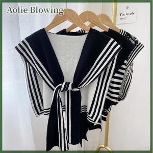 Aolie Korean Style Fashion Knitted Shawl Shirt Shoulder Striped Collar Retro Style Scarf Female Accessories