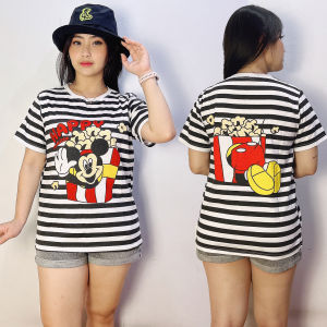 091 COD Kaos Wanita Mickye Minnie Donut Stripe Dewasa Lengan Pendek