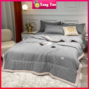 Japanese Style Washed Cotton Quilt Summer Air Conditioner Blanket Premium Thin Comforter Solid Color Pure Gray WhiteCan Machine-wash Bed Cover Single Queen King Size
