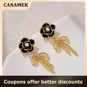 【 CANAMEK 】 Fashion Elegant Black Camellia Flower Bow Pendant Stud Earrings For Women Jewelry Accessories Gifts