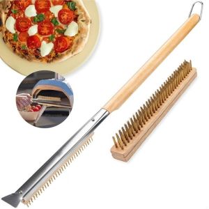 FPXR8 Wood Handle Kitchen Pizza Oven Brush 53.5cm Long with Scraper Grill Cleaning Brush Multifunctional Stainless Steel Bristles Pizza Stone Cleaner Brush for Oven