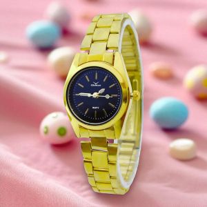 Jam Tangan Wanita Quartz Stainless Steel Hitam dengan Strap Emas dan Dial Bulat - Tahan Air COD