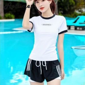 Conservative Swimwear for Women | Korean White Shorts & Tops with Sleeves Black Beach Swimsuit Terno