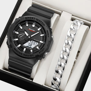 SKMEI 【free Cuban bracelet】Electronic Movement 30m Waterproof Resin Mirror ABS Case Stainless Steel Strap Fashion Sports Mens Watch 2351