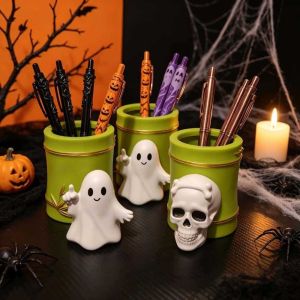 ED Vivid 3D Halloween Pen Holder Green Barrel Creative Ghost Pencil Cup Skeleton Toothbrush Container Waterproof Vinyl Stationery Pot Office Decor