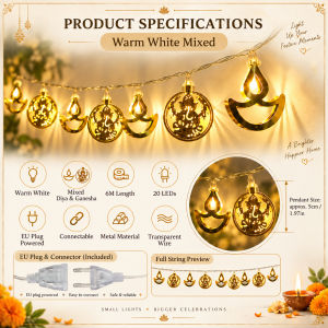 6M 20LED Metal Deepavali Lights Plug Powered Diya Ganesha Multicolor Warm White Festive Decor Deepavali decoration