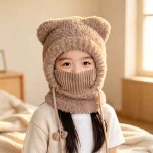 HISTO Fluffy Hooded Scarf Hat Thickened Knitted Neck Warmer Hat Plush Ear Protection Cap Cute Kids Winter Beanie Outdoor