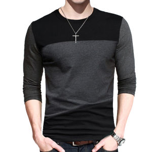 BROWON Autumn Korean Men T Shirt Vintage Style Patchwork Black&Gray O-Neck Long Tshirt Men Clothing 2026 Plus Size M-5XL2026