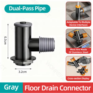 Home  Washing Machine Drain Pipe Floor Drain Replacement Head 304 Stainless Steel Gray T-Connector Diverter 3-in-1 Floor Drain Connector