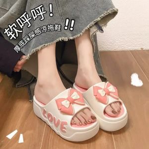 2025 New Summer Outdoor Thick-Soled High-Heeled Fashionable Versatile Bowknot Bathroom Non-Slip Slide Sandals For Women