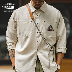 Maden brand tooling style 2025 new autumn gentleman men Japanese retro Indian totem beige long-sleeved shirt stitching pockets stacking academic literary fan male shirts