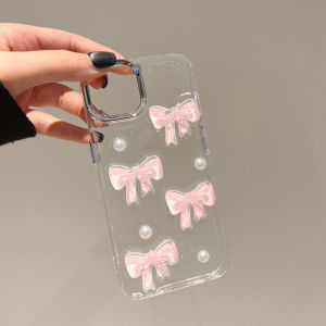 3D inlaid pink bow drop adhesive phone case for iPhone 11 12 13 14 15 16 Pro Max Plus casing Transparent glitter protective cover for iPhone11 case