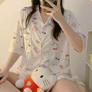 2Pcs Sanrio Cartoon Cinnamoroll Woman Ice Silk Pajamas Cute Short Sleeve Casual Comfortable Cool Breathable Lightweight Homewear