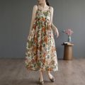 PM✿ Summer loose floral suspender dress women retro vacation mid-length dress. 
