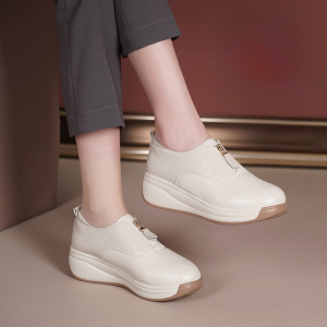 Genuine Cow Leather Top Zippered Medium Heel Plaid Sports Casual Womens Shoes High Quality Deep Toe Wedge Shoes