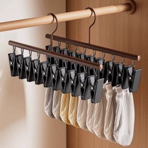TAQ57 10 Clips Clothes Drying Hanger Wooden Metal Clip Socks Hanging Rack Storage Accessory Non-slip Wooden Storage Rack Dormitory Student