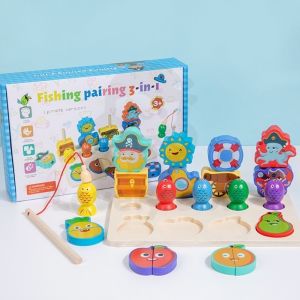Aoduoyaya 3IN1 Montessori Wooden Fishing Toys Sorting Stacking Magnetic Puzzles Toys Early Learning Educational Toys