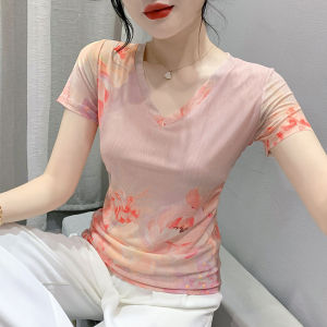REHIN New Summer Fashion Mesh Floral Printed Short Sleeve T-shirt V-neck Slimming Trendy Pink Womens Top